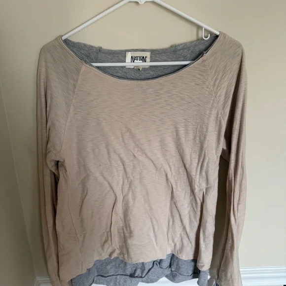 NationLTD Lag & Look Pima Cotton Gray & Beige Two-Tone Layered Long Sleeve Boho - Picture 2 of 7